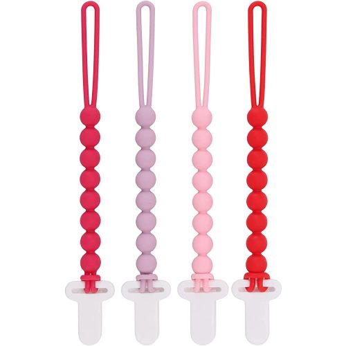 4-Pack Silicone Pacifier Clips with One-Piece Beads for Baby Boys and Girls - Flexible and Rust-Free Holders for Teething Relief and Baby Essentials, Safe for Newborns (Pink)