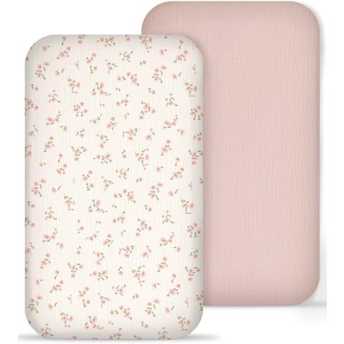 Muslin Bedside Bassinet Sheets 2 Pack, 33" X 20", (Vintage Blossom & Pink)