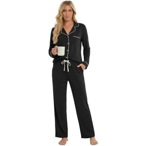 U2SKIIN 100% Cotton Long Sleeve Pajama Set for Women, Lightweight Button Pullover 2-Piece Sleepwear