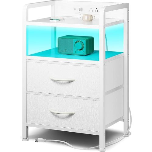 Night Stand Bedside Table White Nightstand with 2 Fabric Drawers Bed Side End Table