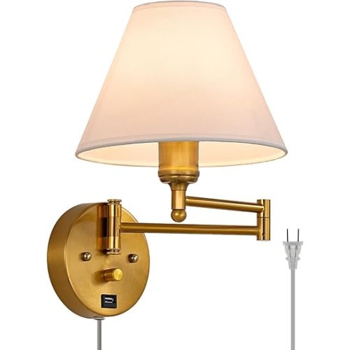 Swing Arm Wall Sconces, Plug-in Wall lamp,Bedroom Wall lamp , White Fabric Shade,,with dimmable Switch and USB Charging Port, Suitable for Bedside, Living Room, Reading (Golden)