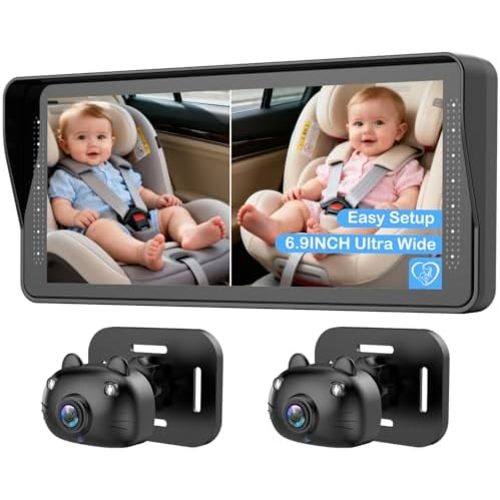 Dual Baby Car Camera for 2 Kids - 6.9'' Split Screen Ultrawide HD Display with Two Cameras, Easy Setup, Rotatable Night Vision Cameras, Ideal for Parents, Grandparents, Safe & Clear Viewing