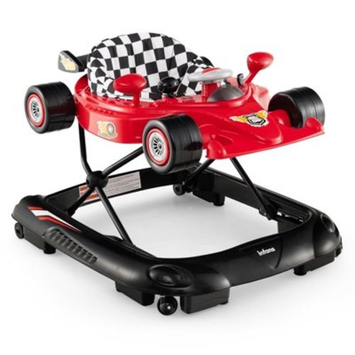 OLAKIDS Foldable Baby Walker, Toddler Activity Center Leaning-Seated Walk-Behind with Steering Wheel, Adjustable Height, Lights, Music, Washable Seat Cushion (Red)