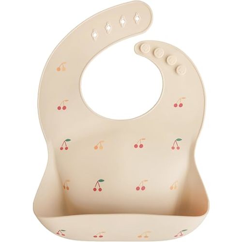 mushie Silicone Baby Bib | Adjustable Fit Waterproof Bibs (Cherries)