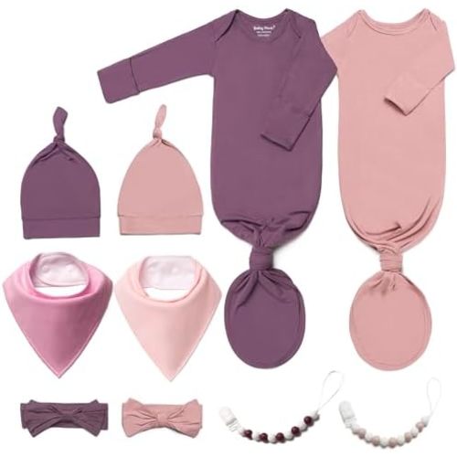 2PK Ultra Soft Knotted Newborn Sleep Gown for Baby Girls Boy- Coming Home Hospital Outfit with Hat, Bow, Clip & Drool Bib Set