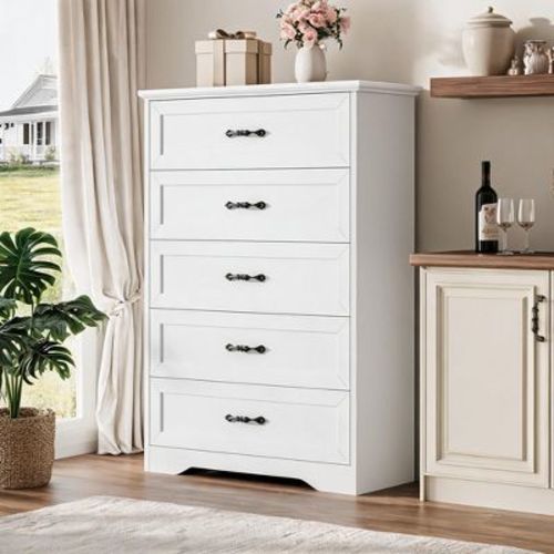Garvee Farmhouse 5-Drawer Dresser, 44" Wide Wood Chest with Metal Handles & Stable Base, Modern Cabinet for Bedroom, Living Room, White