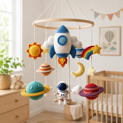 Hanmade Crochet Space Baby Mobile, Rocket Baby Mobile, Astronaut Crib Mobile, Crochet Nursery Mobile, Space Nursery Decor for Baby Room