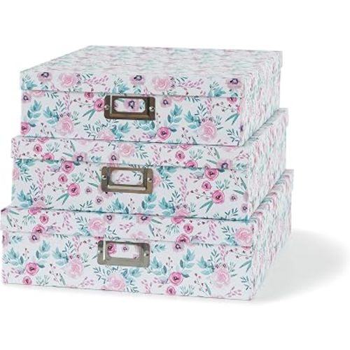 Soul & Lane Floral Decorative Storage Boxes With Lids, Set of 3 Pretty Nesting Cardboard Letter Storage Boxes for Photos, Documents, Scrapbooks, Keepsakes, Memories