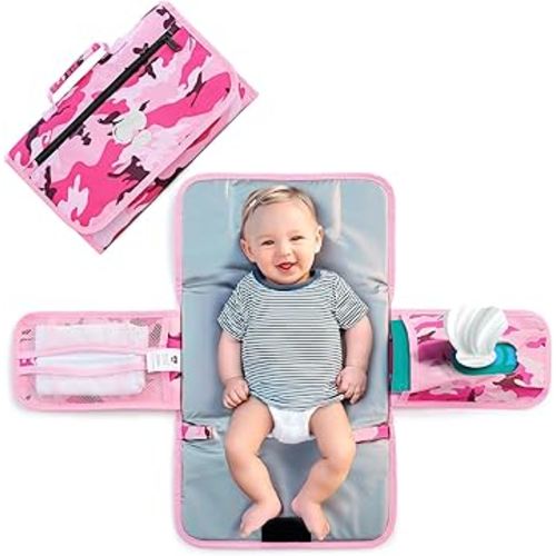Pink Baby Camo Portable Diaper Changing Pad - Waterproof Compact Travel Mat Soft Comfortable Oxford Fabric Easy Clean Foldable Lightweight Mat - Multiple Pockets for Storage