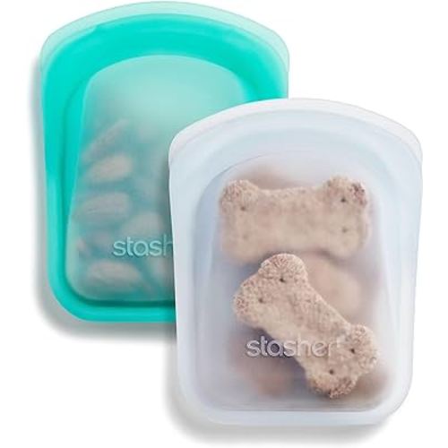Stasher Reusable Silicone Storage Bag, Food Storage Container, Microwave and Dishwasher Safe, Leak-free, Pocket 2-Pack, Clear + Aqua