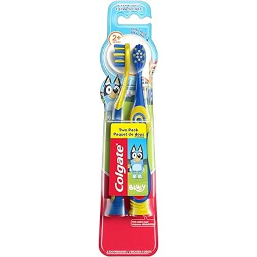 Colgate Bluey Extra Soft Toothbrush for Kids, Kids Toothbrush Pack with Built in Suction Cup Toothbrush Holder, Designed for Children Ages 2 and Up, Extra Soft Bristles, 2 Pack