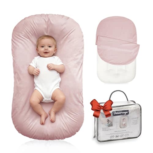 Beisurznga Baby Lounger for Newborn - Snuggle Cozy Me Lounger | Breathable Soft Cotton, 0-24 Months Portable Playtime Baby Nest, Newborn Baby Essentials Gifts- Pink (1 Lounger + 1 Cover)