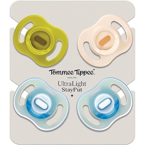 Tommee Tippee Ultra-Light StayPut Day and Night Soothers, 6-18m, 4 Pack, One-Piece Silicone Design, Soft Skin Feel