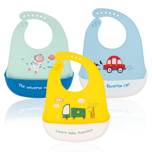 Yaoping Soft Silicone Baby Feeding Bibs with Food Catcher Pocket, Unisex, 3 Pack