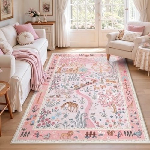 Washable Kids Area Rug with Animal Floral Print, Nursery Playroom Rug with Non-Slip Grippers