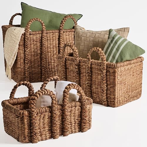3Pc Shelf Baskets, Small, Large and XL Chunky Woven Wicker Rattan Storage Baskets w/Braided Handles, Organizer Bins for Blankets, Pillows, Shoes and Toys - Chestnut