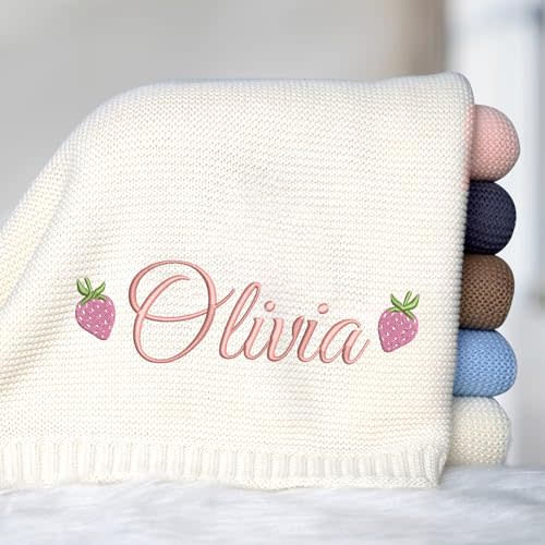 Mondily Embroidered Strawberry Baby Blanket - Personalized Photography Props, Custom Knit