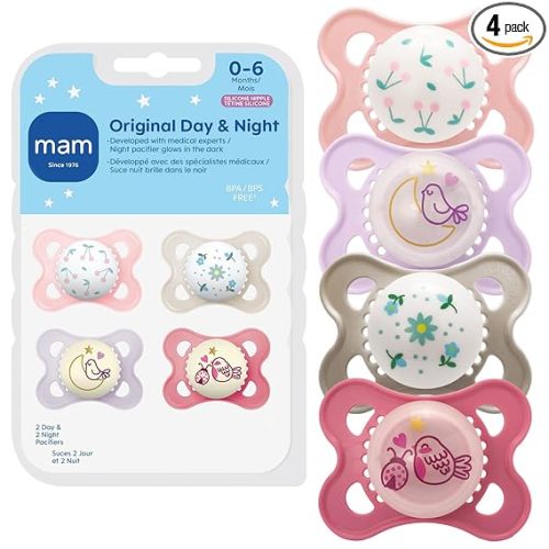 MAM Original Baby Pacifiers 0-6 Months, Binky for Newborn Babies, BPA-Free Skin Soft Silicone Nipple, Glows in The Dark, Developed with Medical Experts, 4 Count, Sterilizer Case, Made in Europe