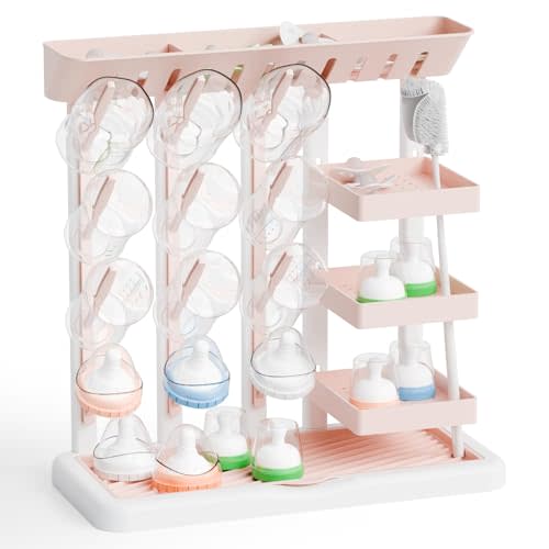 Larger Baby Bottles Drying Rack for 20 Bottles,Space Saving Feeding Drying Rack for Baby Bottles for Countertop,Vertical Baby Bottle Holder & Storage Station for Pacifiers,Breast Pump,Pink