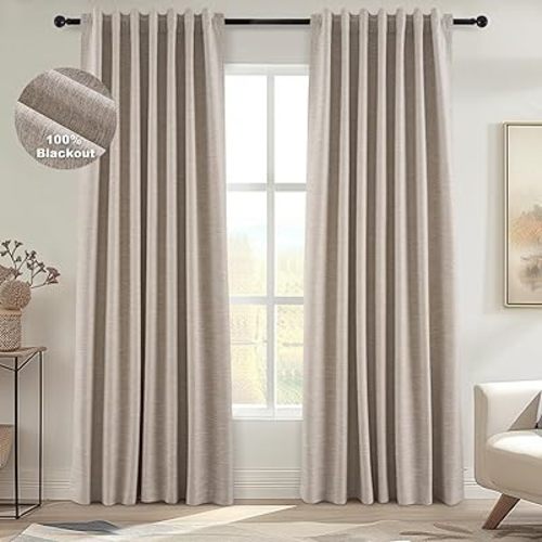 Topfinel Boho Farmhouse Black Out Linen Curtains 84 Inch Length 2 Panels Set for Bedroom Living Room, Taupe Thermal Insulated Neutral Burlap Drapes Linen Blend 7FT Long Hook Belt Pleated Back Tab