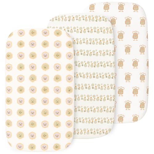 Bassinet Sheets for Baby Girl & Boy – 3-Pack Soft Fitted Bassinet Sheets, Organic Cotton, Breathable & Cozy, Fits 32x16x4 Inch Rectangle, Oval & Hourglass Mattresses, Lion Head