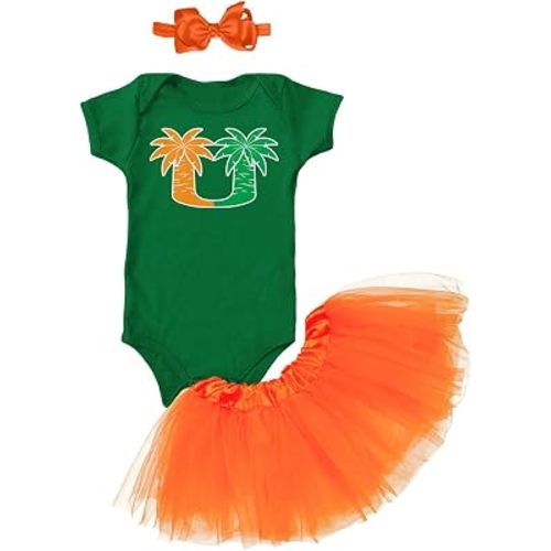 Tcombo Palm Trees - College Sports Miami Baby Bodysuit + Tutu Skirt + Bow Headband Set