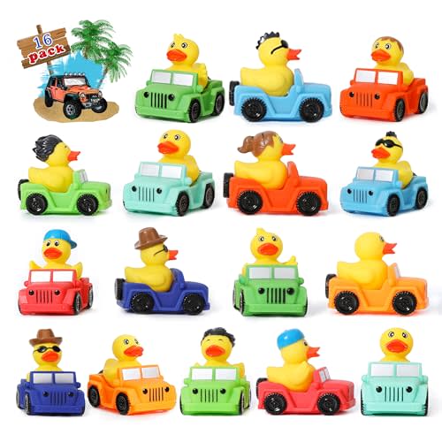 XY-WQ 16 Pack Rubber Duck for Jeeps Ducking - 3" Bulk Floater Duck for Kids - The Shape of a Vehicle - Baby Bath Toy Assortment - Party Favors, Birthdays, Bath Time, and More (8 Varieties)