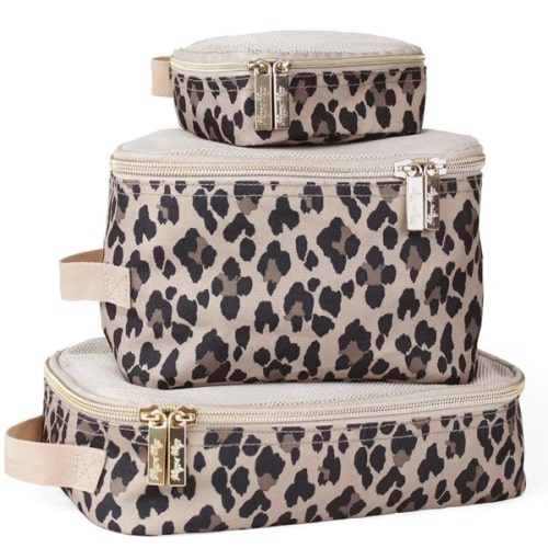 Itzy Ritzy Packing Cubes For Travel – Set of 3 Packing Cubes or Travel Organizers; Each Cube Features a Mesh Top, Double Zippers and a Fabric Handle (Leopard)