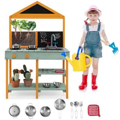 Costway Kids Kitchen Playset Outdoor Mud Kitchen with Root Viewer Planter Removable Sink