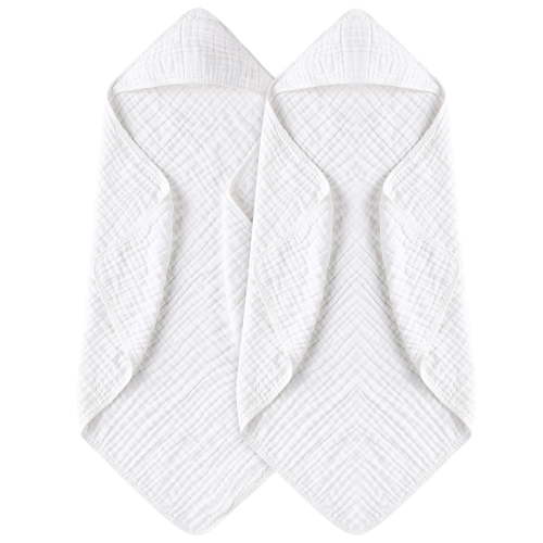 Loguug Muslin Cotton Hooded Baby Towels, 6-Layer Absorbent, Breathable, 32x32 Inch, Set of 2