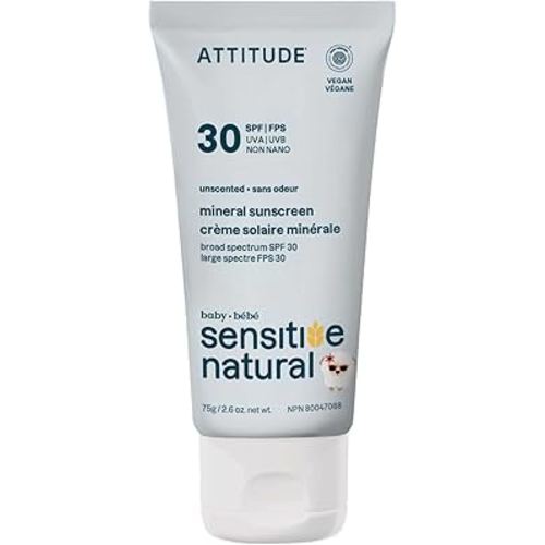 ATTITUDE Mineral Sunscreen for Baby and Kids with Sensitive Skin, EWG Verified, Broad Spectrum UVA/UVB, Dermatologically Tested, Plant and Mineral-Based Formula, Vegan, SPF 30, Unscented, 2.6 Oz