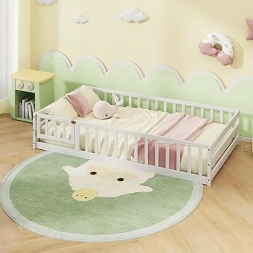 Giantex Twin Floor Bed with Door & Fence, Kids Wood Montessori Beds with Safety Guardrails, Floor Bed Twin for Kids, Boys, Girls, No Box Spring Needed, White