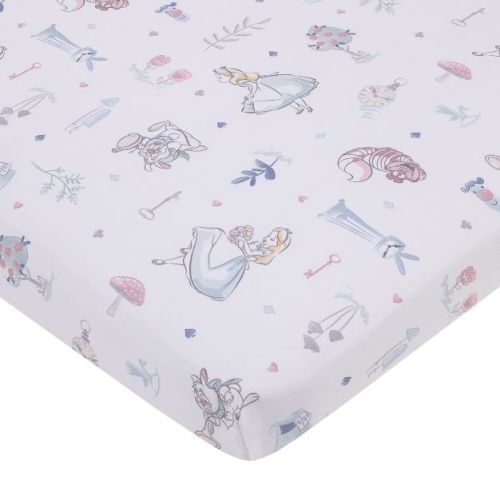 NoJo Disney Alice in Wonderland Light Blue, Pink, and White, Rabbit, and Cheshire Cat Super Soft Nursery Fitted Mini Crib Sheet