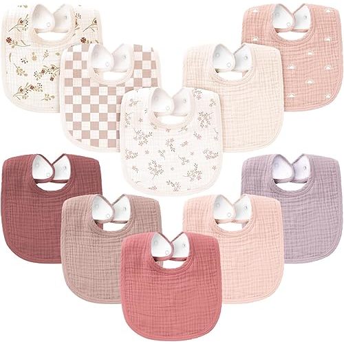 Konssy 10-Pack Muslin Baby Bibs, Soft Cotton Bandana Bibs for Drooling & Teething, Unisex Solid Colors for Boys & Girls, Newborn & Infant, Perfect Shower Gift