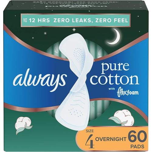Always Pure Cotton, Feminine Pads for Women, Size 4 Overnight Absorbency, Multipack, with Flexfoam, with Wings, Unscented, 20 Count x 3 Packs (60 Count Total)