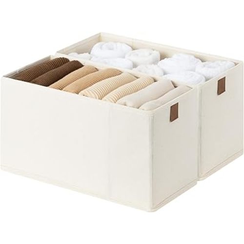 StorageWorks Thin Narrow Baskets for Storage, Small Storage Bins, Fabric Storage Bins with PU Handle, Ideal for Slim Shelves, Clothes, and Toys, Beige, 2-Pack