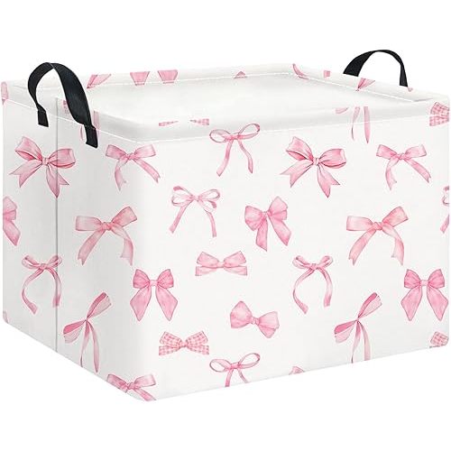 Rectangle Storage Basket with Handles for Kids,Cute Organizer Toy Bin,Gift Basket for Boys and Girls,Room Decor(Pink Bowknot)