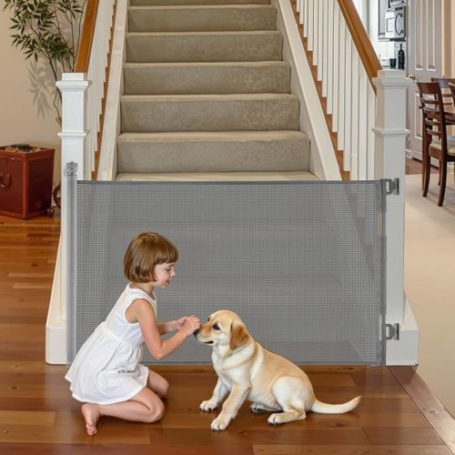 VEVOR Retractable Baby Gate, Extends to 57 inch Wide, 38.5 inch Tall, with Security Lock, Easy to Use, Walk Through Without Tripping, Mesh Dog Gate for Stairs, Hallways, Indoor/Outdoor, Gray