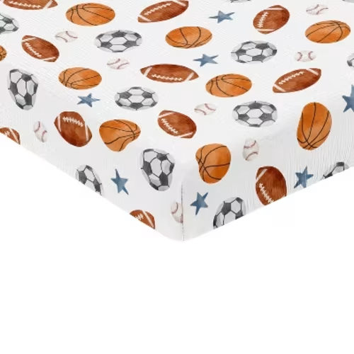 Sweet Jojo Designs Baby Boy Fitted 100% Cotton Muslin Crib Sheet Watercolor Sports Theme Blue Brown and Orange