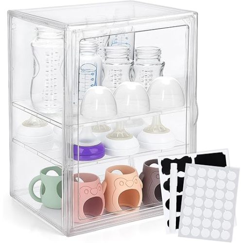 BUSOHA Baby Bottle Organizer – 3-Tier Space-Saving Stackable Drawer for Countertop Bottle Drying and Pump Parts Holder for Newborn Supplies with 8 PCS Chalkboard Labels 2 Removable Dividers
