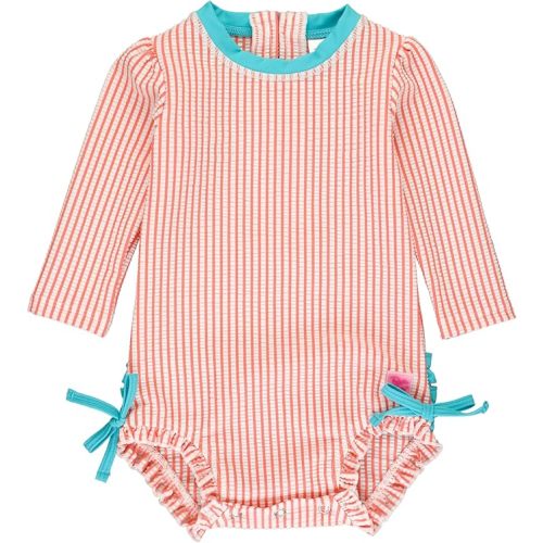 RuffleButts Baby-Girls Seersucker Long Sleeve Rash Guard - One Piece Swimsuit UPF 50+ Toddler