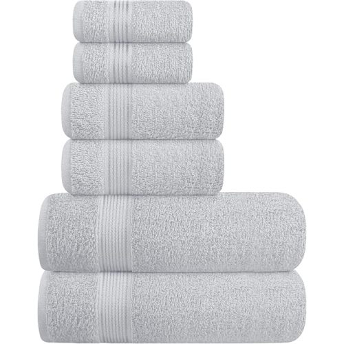 Ultra Soft 6 Pack Cotton Towel Set, Contains 2 Bath Towels 28x55 inch, 2 Hand Towels 16x24 inch & 2 Wash Coths 12x12 inch, Ideal for Everyday use, Compact & Lightweight - Light Grey