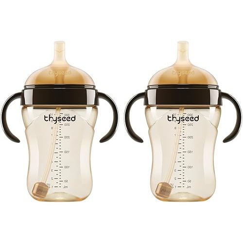 thyseed PPSU Weighted Straw Cup with Handles Toddlers Transition Bottles to Sippy Cups No Spill Learner Milk Water Baby Bottle Soft Silicone Spout Dishwasher Safe BPA Free 6+ Months 10oz/300mL 2 Pack