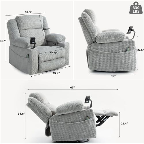 270° Swivel Velvet Recliner, Extra Wide Power Recliner Chair w/Heat Massage - USB & Type C Charging Port