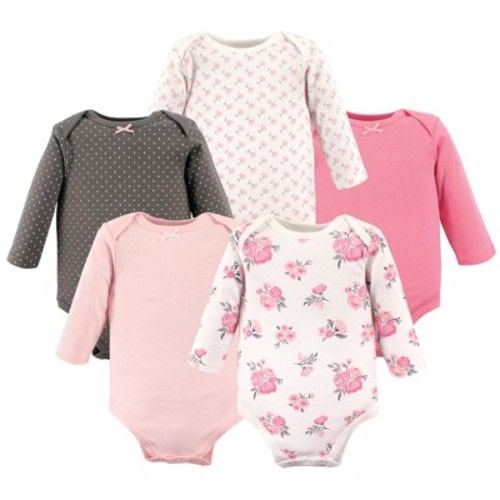 Hudson Baby Infant Girl Cotton Long-Sleeve Bodysuits 5pk, Basic Pink Floral, Size: 0-3 months