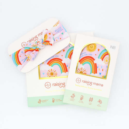 Pink Rainbow Baby Bamboo Newborn Swaddle Set + Bow | Raising Mama