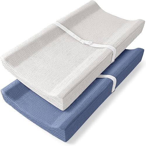 Bearmoss Baby Changing Pad Cover, Muslin [100% Cotton] Diaper Table Covers, 32'' x 16'' Soft Breathable Changing Pad Sheets for Unisex Baby Girls and Boys with Strap Holes (BlueWhite)
