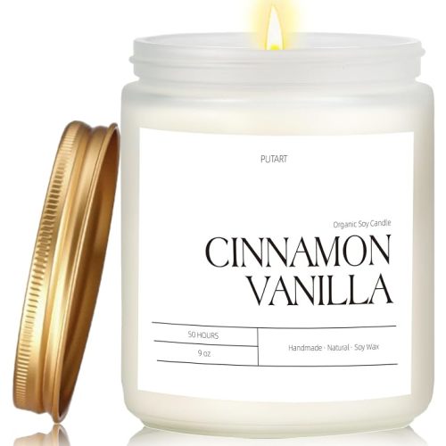 Cinnamon Vanilla Candles for Home Scented, Natural Soy Wax Aromatherapy Non Toxic Heavy Scented Candle with Essential Oil, Home Fragrance Stress Relief Jar Candles Gifts for Women & Men 9oz