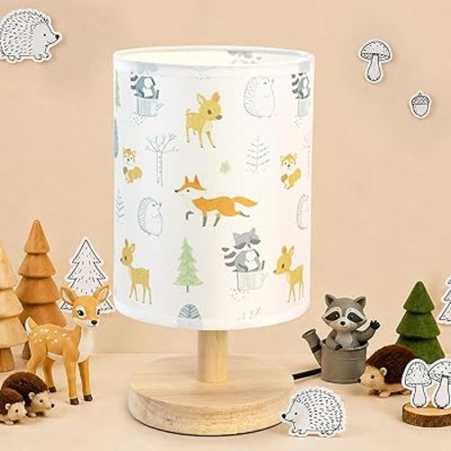 Kids Table Lamp for Bedroom Kids Bedside Lamp with Linen Wooden Nightstand Cartoon Nursery Lampshade for Boys Girls Room Decor (Animal)
