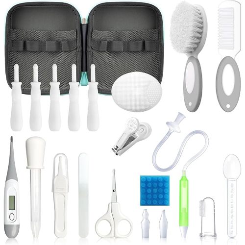 Baby Healthcare and Grooming Kit, 28 in 1 Portable Baby Essentials Kit Electric Nail Trimmer Set with Gas Relief Hair Brush Comb Nasal Aspirator for Newborn Boys Girls (Grey White)
